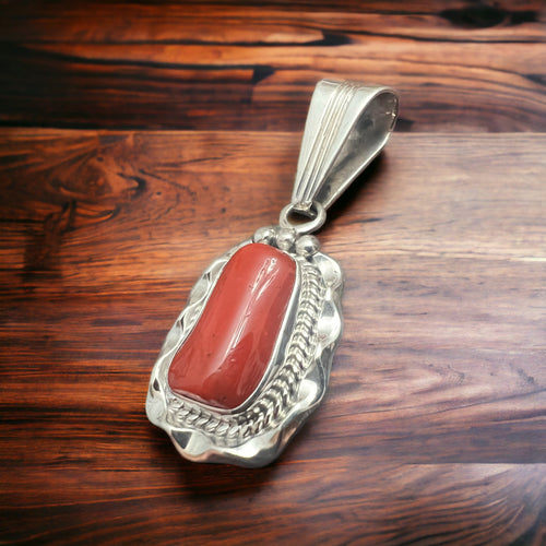 Samuel Yellowhair Coral & Sterling Silver Pendant - Cowhide and Conchos