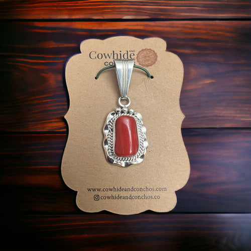 Samuel Yellowhair Coral & Sterling Silver Pendant - Cowhide and Conchos