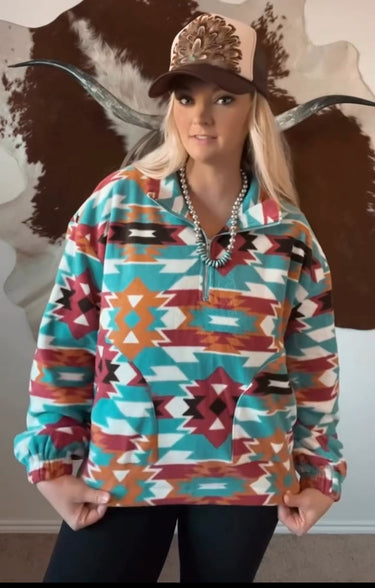 Santa Fe Fleece Zip Up Pullover - Cowhide and Conchos