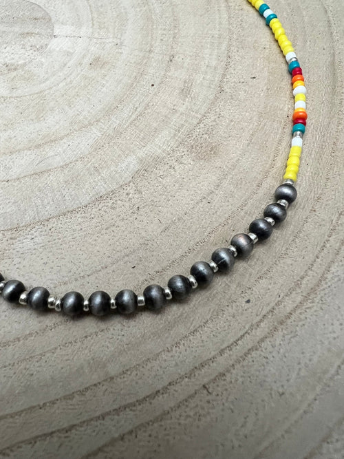Seed Bead with Faux Navajo Pearl - 13 inch Choker - Cowhide and Conchos