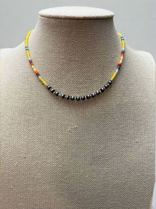 Seed Bead with Faux Navajo Pearl - 13 inch Choker - Cowhide and Conchos