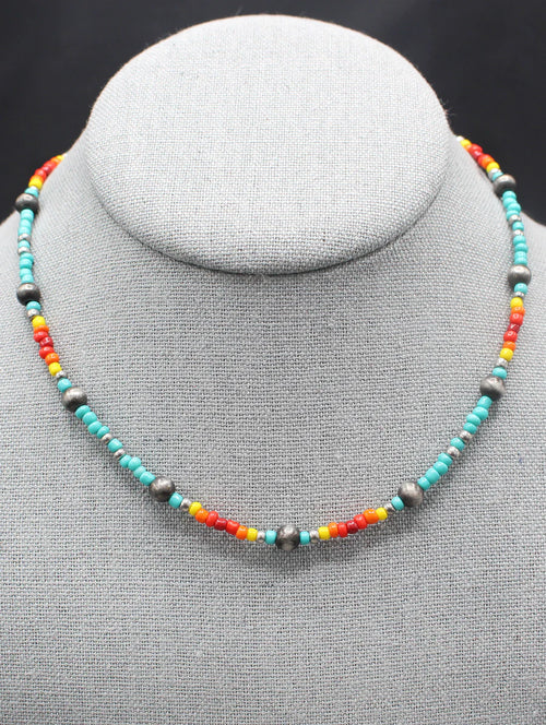 16" Multicolor Seed Bead and Faux Pearl Necklace