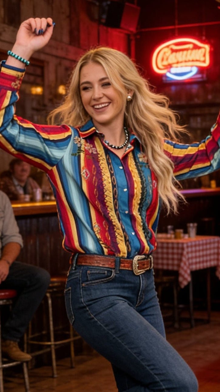 Serape Pearl Snap Embroidered Western Top – Red & Turquoise - Cowhide and Conchos