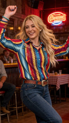 Serape Pearl Snap Embroidered Western Top – Red & Turquoise - Cowhide and Conchos