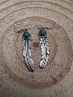Sharon McCarthy Navajo Handmade Turquoise & Feather Earrings - Cowhide and Conchos