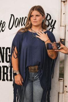 Showstopper Fringe Top - Denim - Cowhide and Conchos