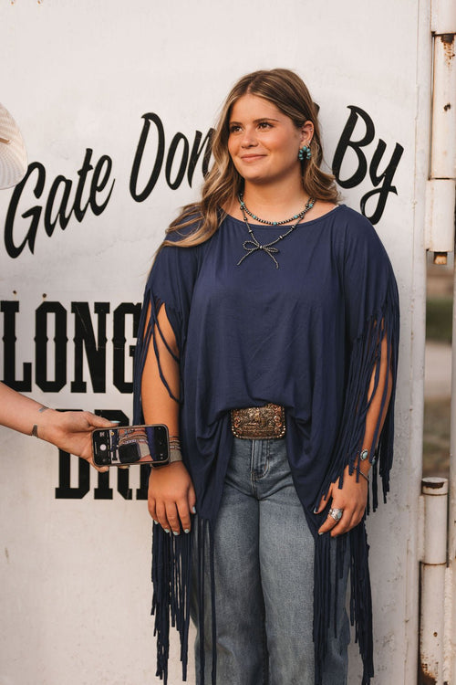 Showstopper Fringe Top - Denim - Cowhide and Conchos