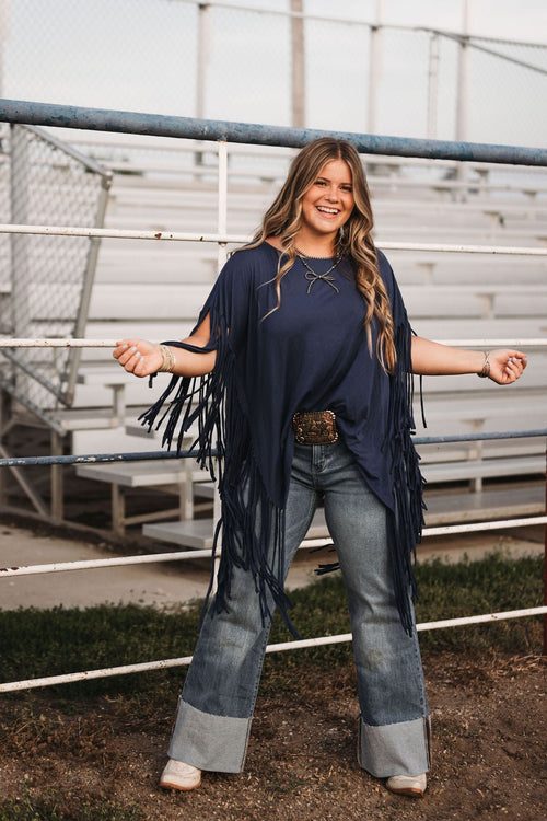 Showstopper Fringe Top - Denim - Cowhide and Conchos