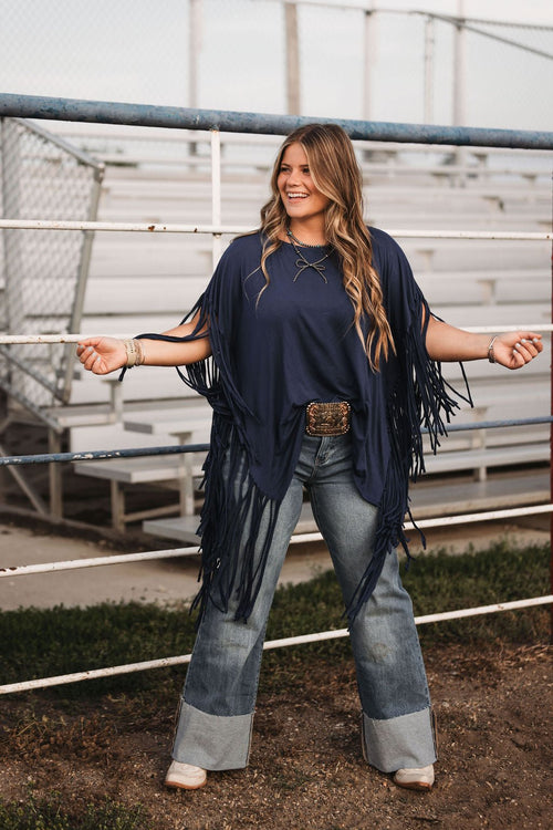 Showstopper Fringe Top - Denim - Cowhide and Conchos