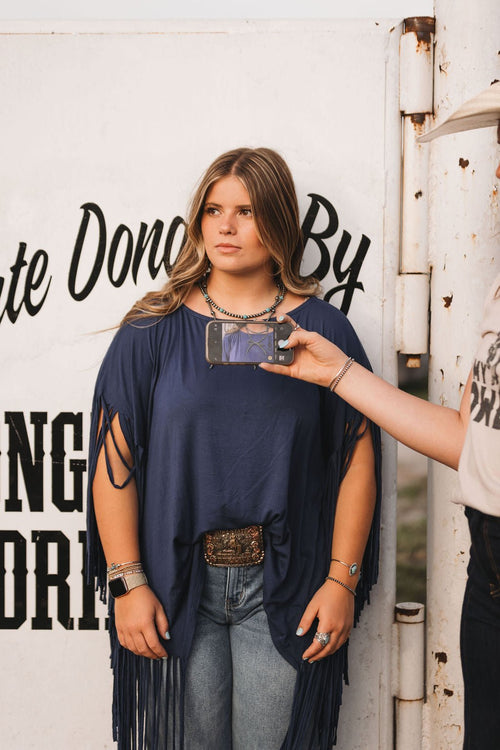 Showstopper Fringe Top - Denim - Cowhide and Conchos