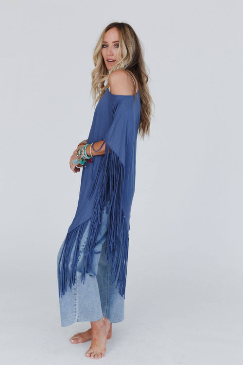 Showstopper Fringe Top - Denim - Cowhide and Conchos