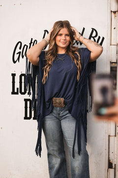 Showstopper Fringe Top - Denim - Cowhide and Conchos