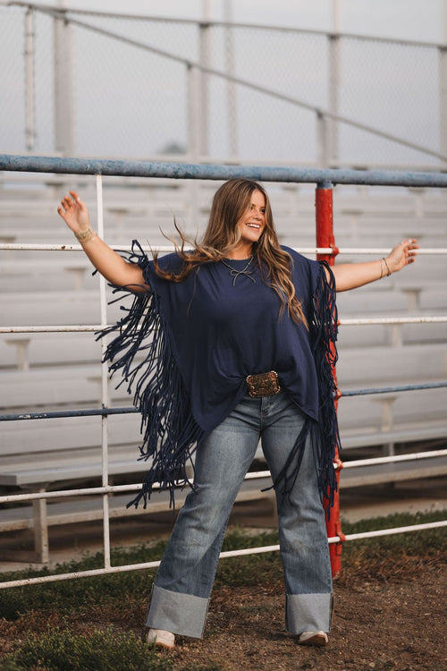 Showstopper Fringe Top - Denim - Cowhide and Conchos