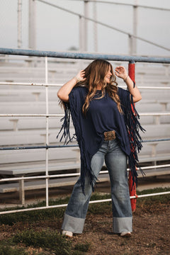 Showstopper Fringe Top - Denim - Cowhide and Conchos
