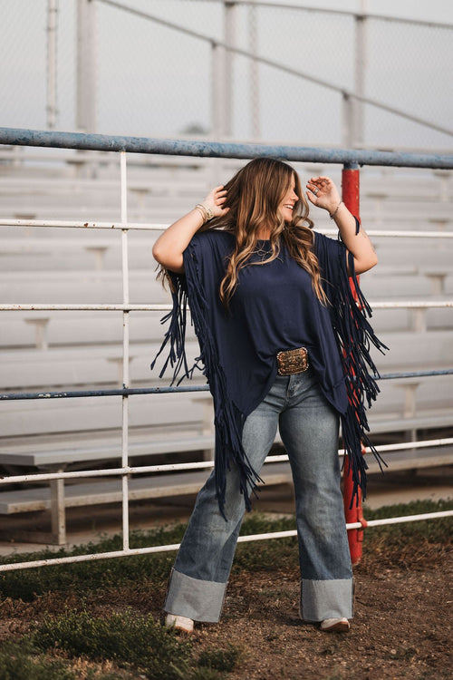 Showstopper Fringe Top - Denim - Cowhide and Conchos