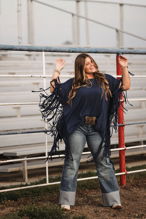 Showstopper Fringe Top - Denim - Cowhide and Conchos