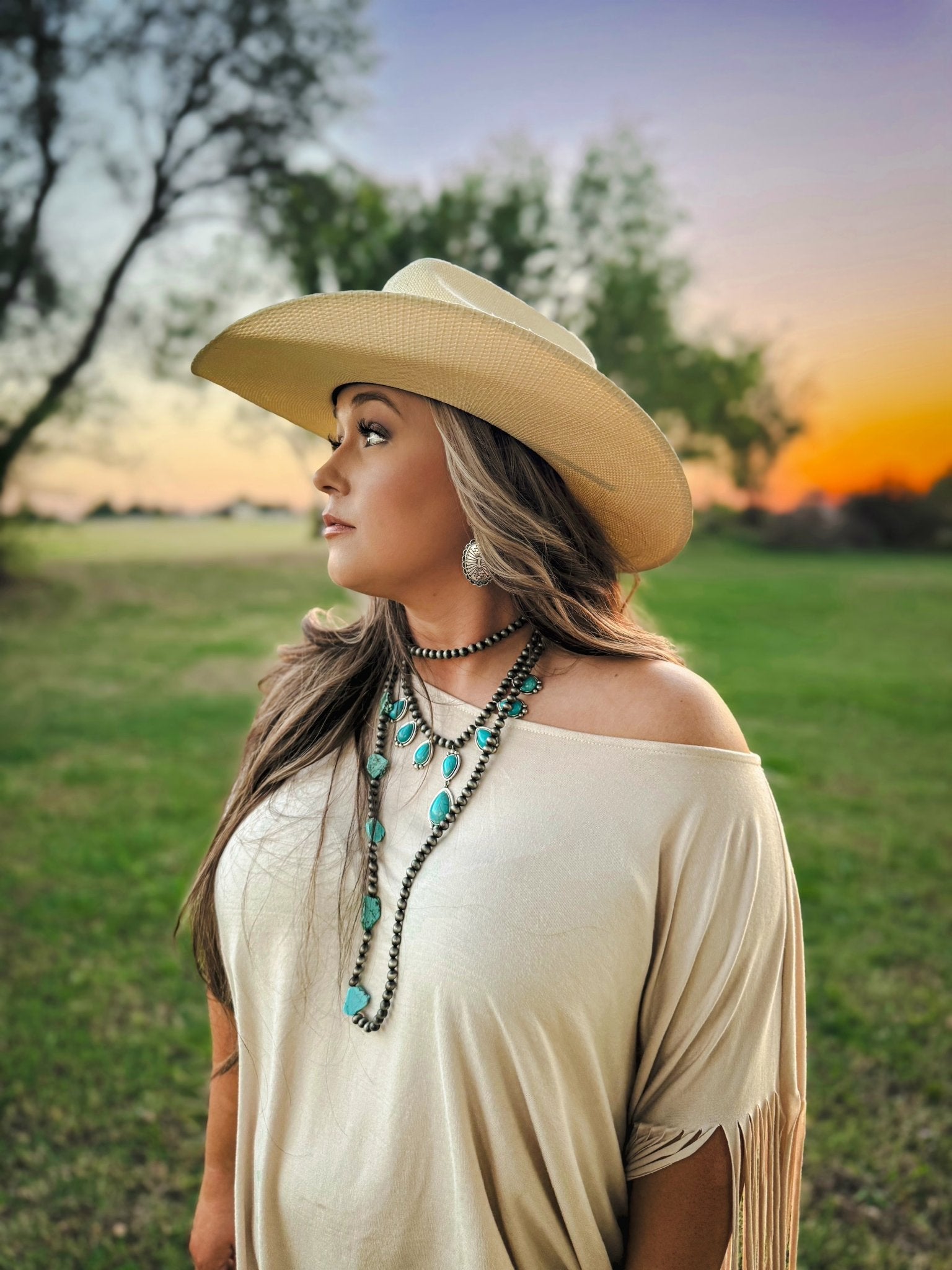 Showstopper Fringe Top - Oat - Cowhide and Conchos