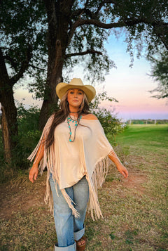 Showstopper Fringe Top - Oat - Cowhide and Conchos