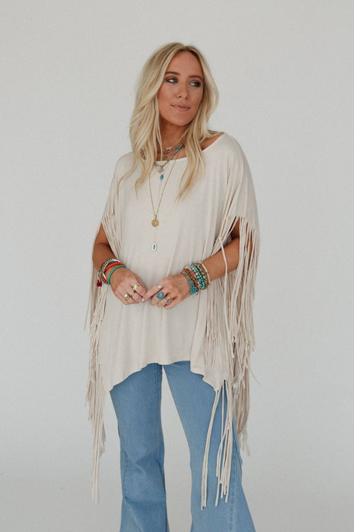 Showstopper Fringe Top - Oat - Cowhide and Conchos