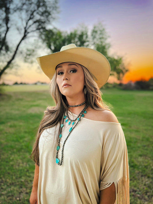 Showstopper Fringe Top - Oat - Cowhide and Conchos