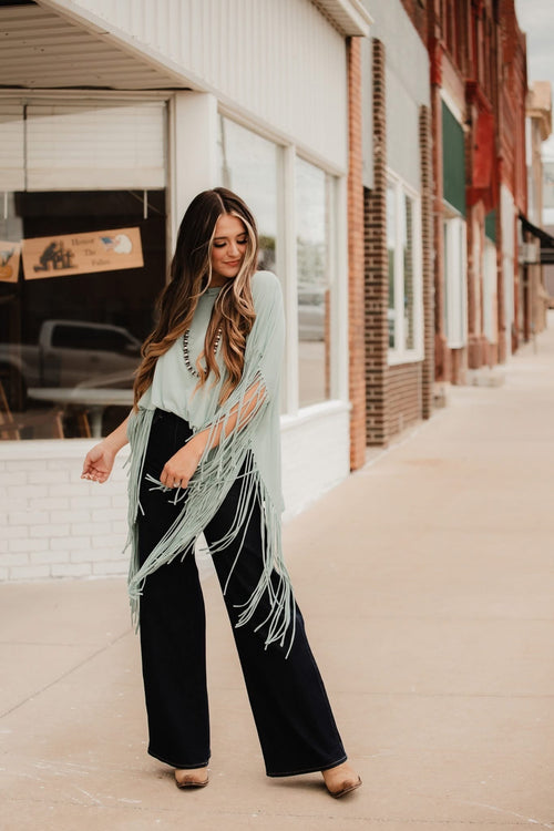 Showstopper Fringe Top - Washed Seafoam - Cowhide and Conchos
