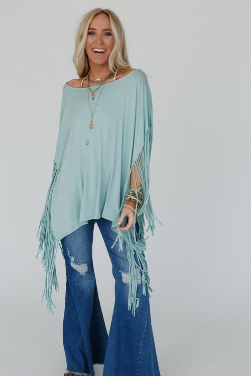 Showstopper Fringe Top - Washed Seafoam - Cowhide and Conchos