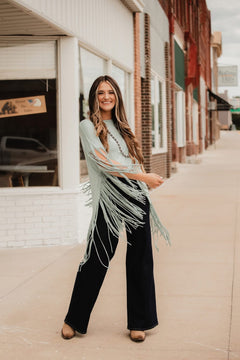 Showstopper Fringe Top - Washed Seafoam - Cowhide and Conchos