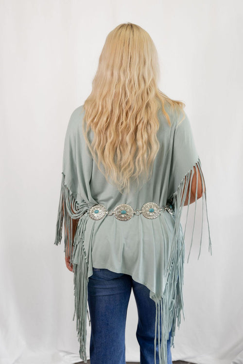 Showstopper Fringe Top - Washed Seafoam - Cowhide and Conchos