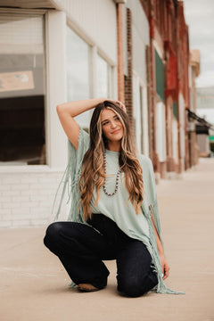 Showstopper Fringe Top - Washed Seafoam - Cowhide and Conchos