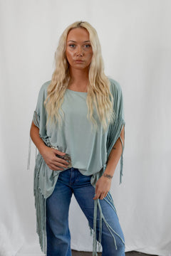 Showstopper Fringe Top - Washed Seafoam - Cowhide and Conchos