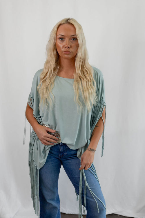 Showstopper Fringe Top - Washed Seafoam - Cowhide and Conchos