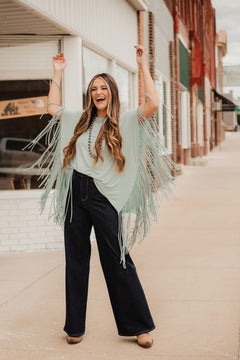 Showstopper Fringe Top - Washed Seafoam - Cowhide and Conchos