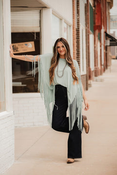 Showstopper Fringe Top - Washed Seafoam - Cowhide and Conchos