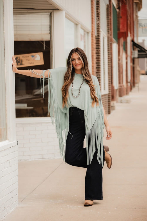 Showstopper Fringe Top - Washed Seafoam - Cowhide and Conchos