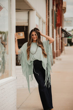 Showstopper Fringe Top - Washed Seafoam - Cowhide and Conchos