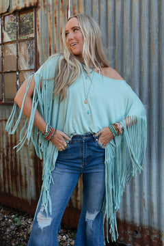 Showstopper Fringe Top - Washed Seafoam - Cowhide and Conchos