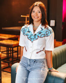 Silver Screen Button Down Short Sleeve Top - Cowhide and Conchos