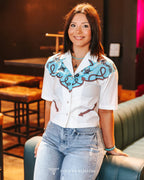 Silver Screen Button Down Short Sleeve Top - Cowhide and Conchos