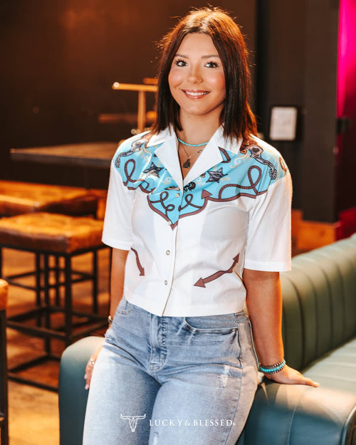 Silver Screen Button Down Short Sleeve Top - Cowhide and Conchos