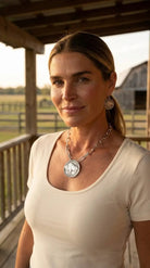 Silver Western Buffalo Coin Statement Choker & Earring Set — Oversized Coin Pendant - Cowhide and Conchos