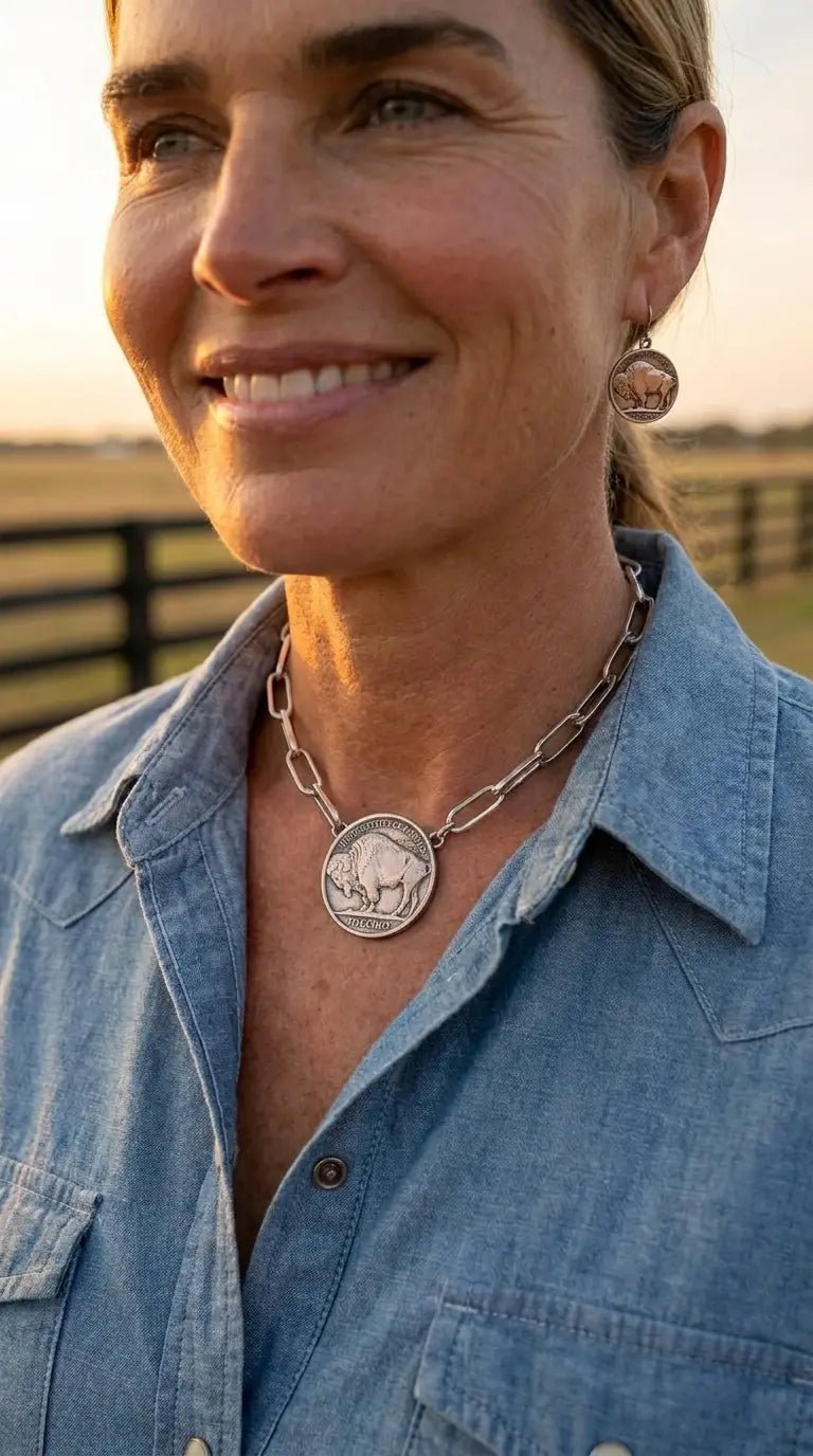 Silver Western Buffalo Coin Statement Choker & Earring Set — Oversized Coin Pendant - Cowhide and Conchos
