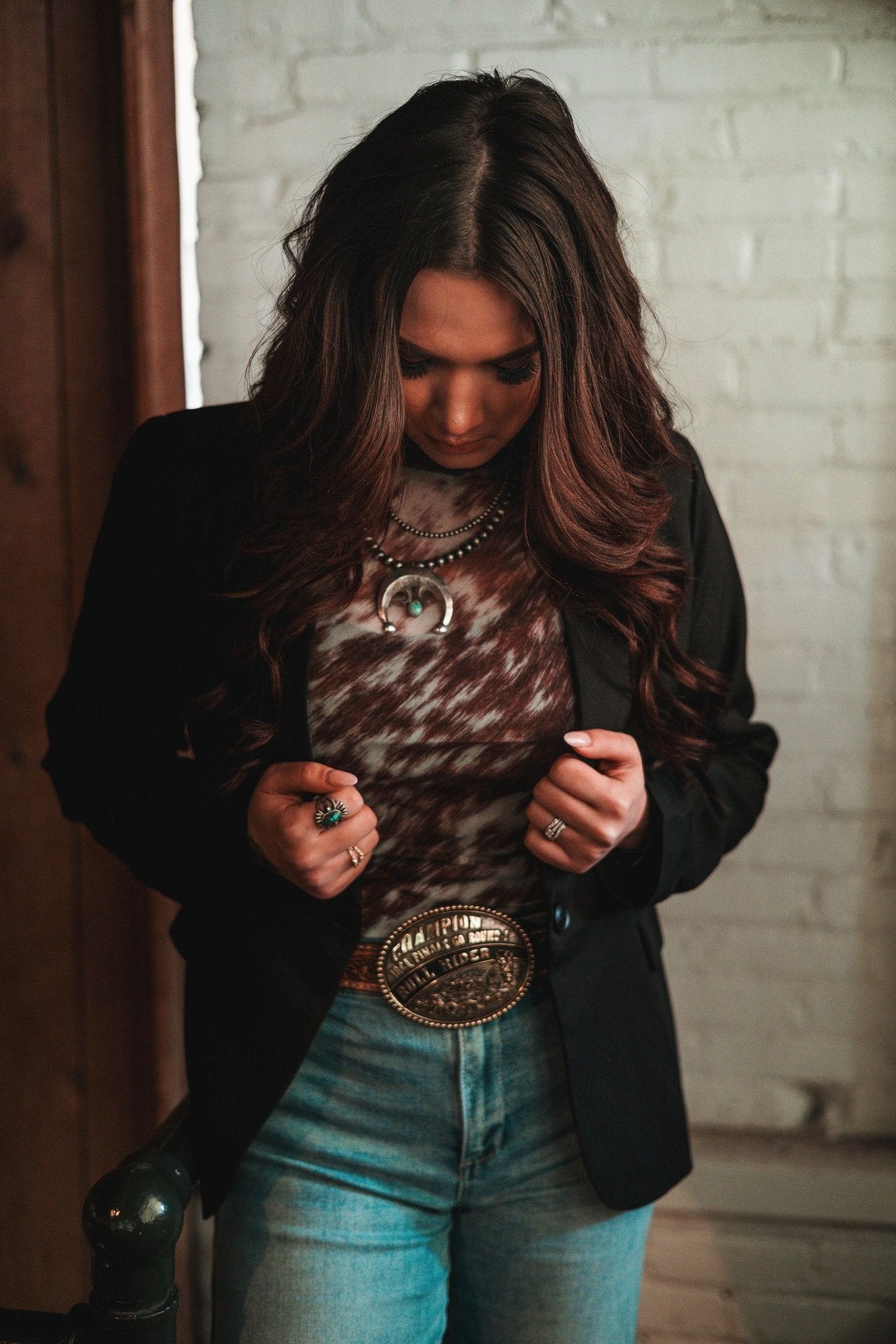 Single Button Blazer - Dusty Blue or Black - Cowhide and Conchos