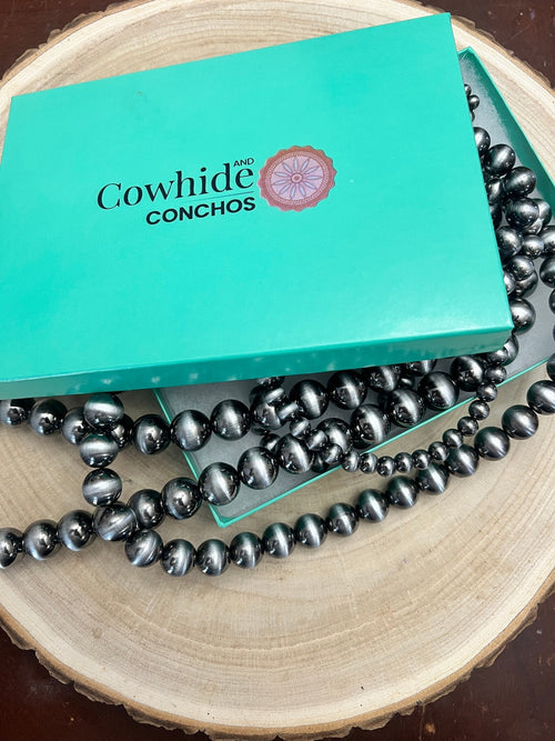 Six Row Faux Sterling Pearl Layered Necklace Set - Cowhide and Conchos