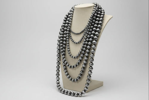 Six Row Faux Sterling Pearl Layered Necklace Set - Cowhide and Conchos