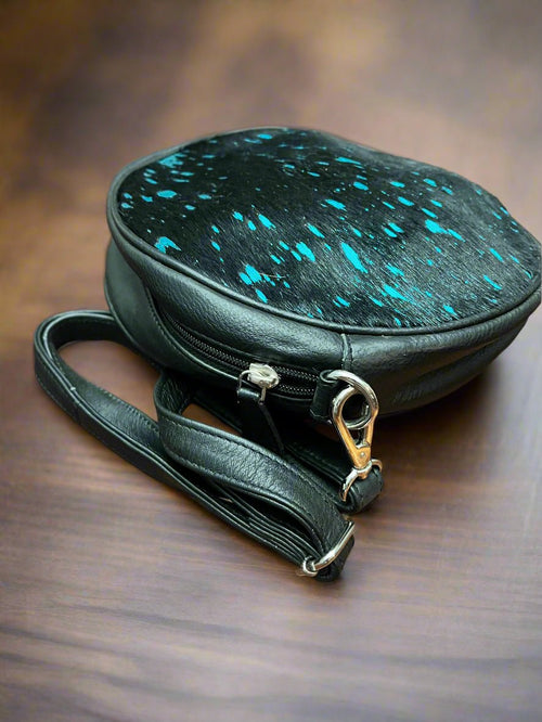 Small Canteen Bag - Black and Turquoise Metallic - Cowhide and Conchos