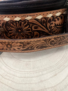 Small Canteen Bag - Tooled Leather with Turquoise and Aces - Cowhide and Conchos