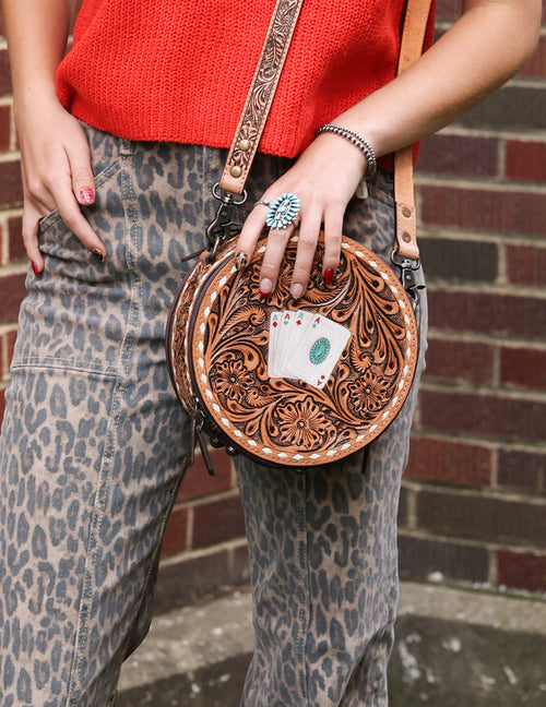 Small Canteen Bag - Tooled Leather with Turquoise and Aces - Cowhide and Conchos
