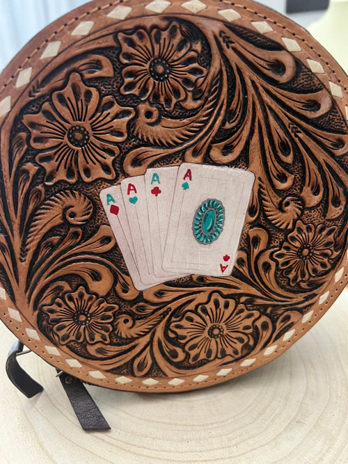 Small Canteen Bag - Tooled Leather with Turquoise and Aces - Cowhide and Conchos