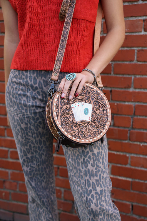 Small Canteen Bag - Tooled Leather with Turquoise and Aces - Cowhide and Conchos