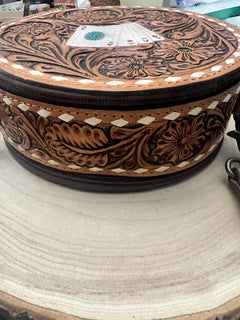Small Canteen Bag - Tooled Leather with Turquoise and Aces - Cowhide and Conchos